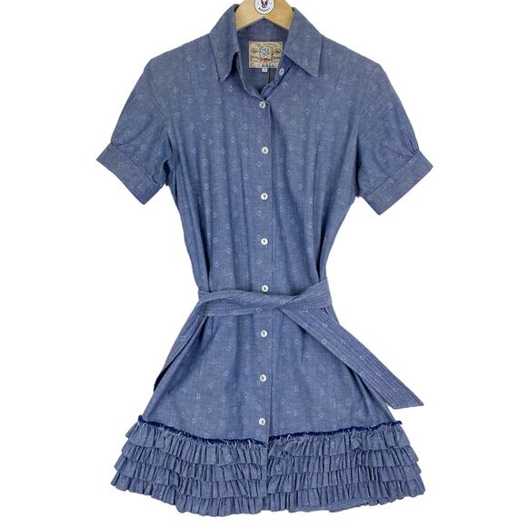 Fine Garments by Bell Chambray Ruffled Mini Dress Womens Sz 8 Nautical Anchors - Picture 1 of 11